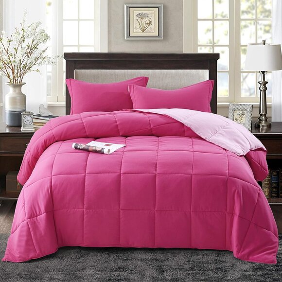 3pc Pink Queen Size Comforter Set - All Season Reversible Down Alternative Comfo - Picture 2 of 7